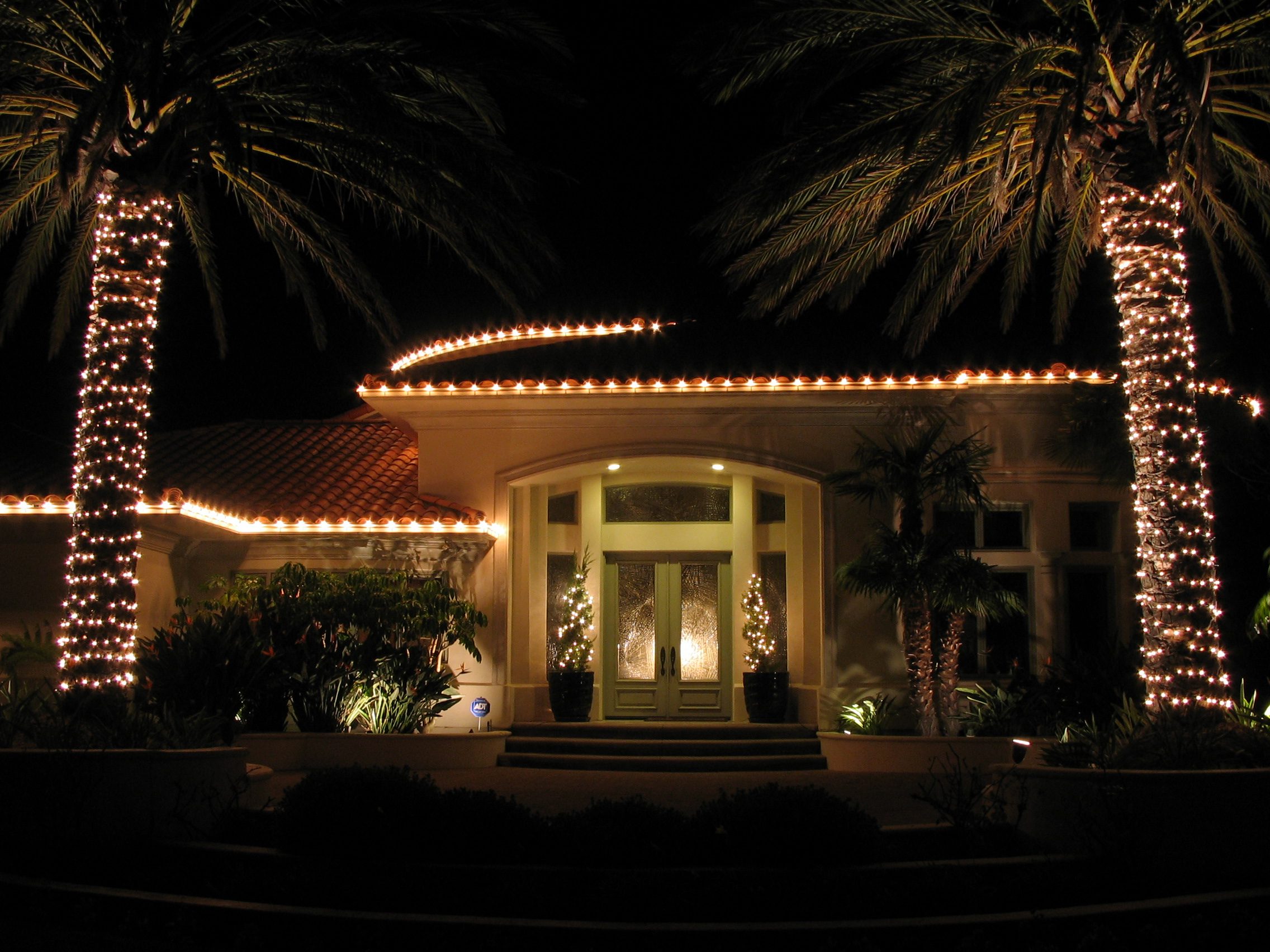 Home and Palm Trees decorated with Professional Christmas Lighting